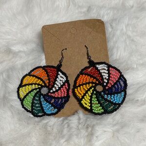 Handmade Rainbow Seed Bead Swirl Earrings - Multicolor